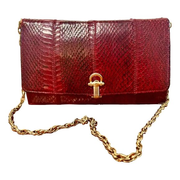Vintage 1980s Jane Shilton Red Snakeskin Horse-bit Clasp Shoulder Bag/Clutch - Picture 1 of 8